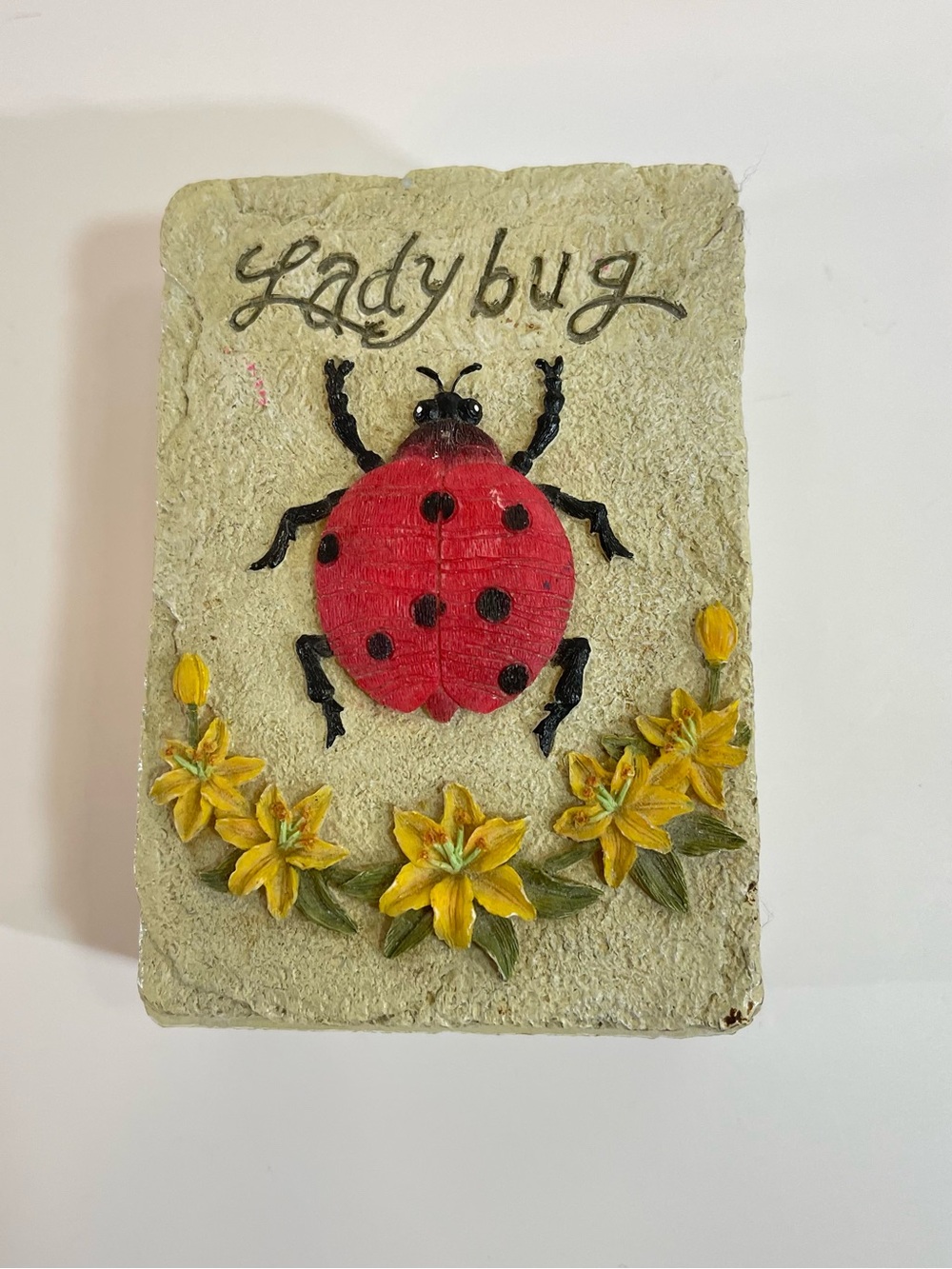 Vintage Arister Gifts Resin Trinket Box, Red lady Bug Tan with Yellow Flowers EC